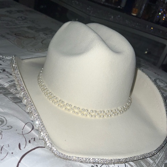 Cowboy Carter Vibes Cream Pearl-Embellished  Cowgirl Hat - Picture 8 of 10